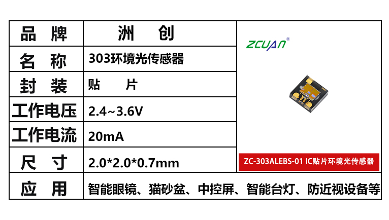 貼片環(huán)境光傳感器，ZC-303ALEBS-01，數(shù)字環(huán)境光傳感器，貼片光感